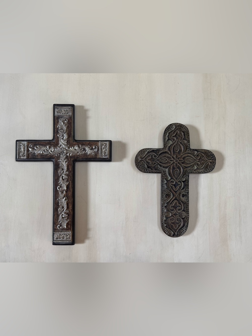 Ornate Brown and Silver Decorative Wall Cross and bronze colored ceramic cross